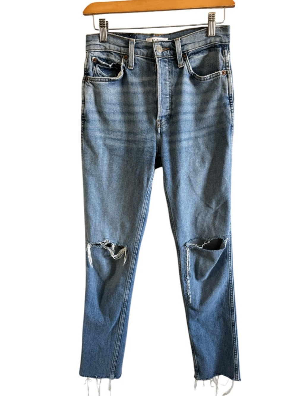 Re/done 80s slim straight brisk blue with rips raw hem size 25